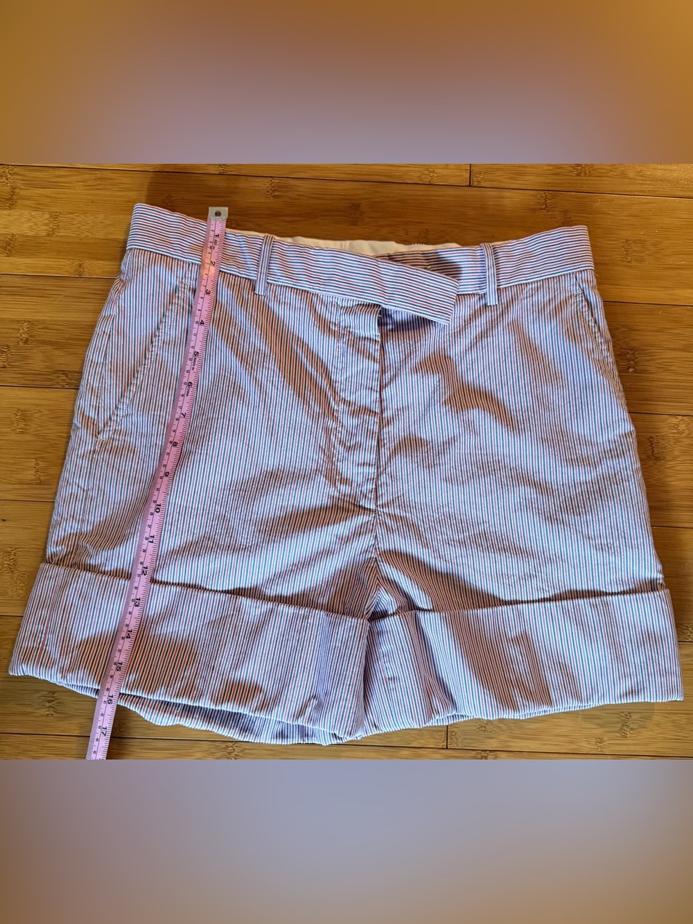 Thom Browne Women’s Seersucker Flat-Front Shorts in Blue and White Stripe
